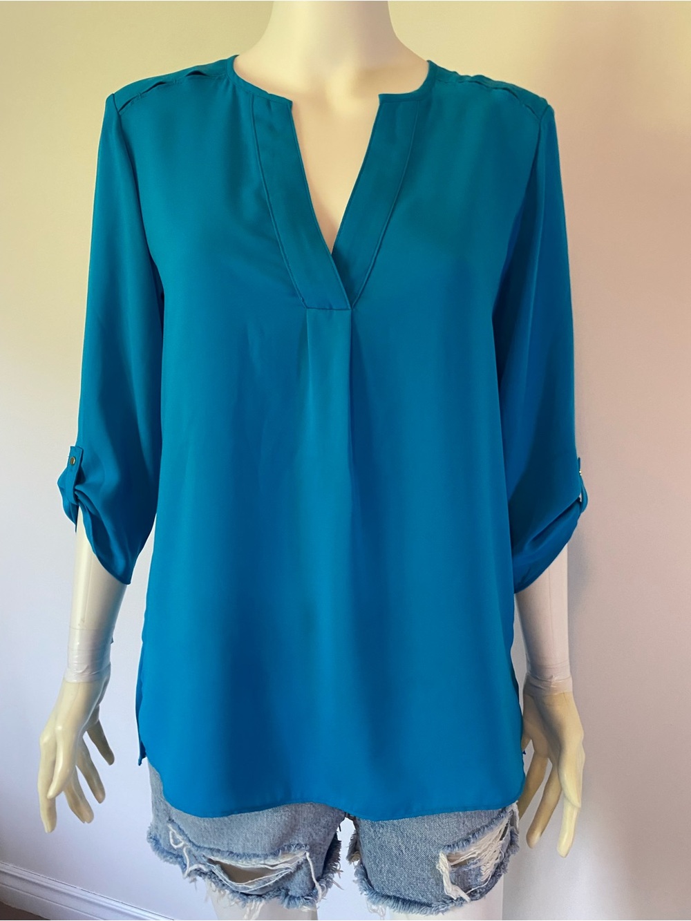 Dynamite Teal Split V-Neck Blouse